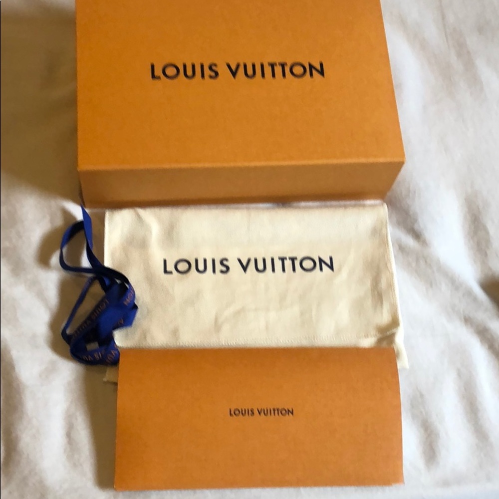 Louis Vuitton box, dust bag, envelope and ribbon